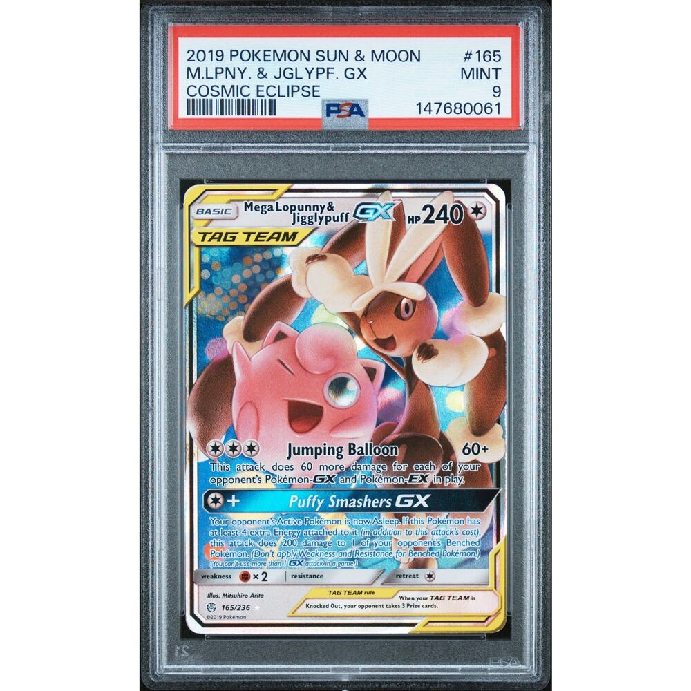 PSA 9 MINT Mega Lopunny & Jigglypuff GX 165/236 Pokémon 2019 Cosmic Eclipse Holo